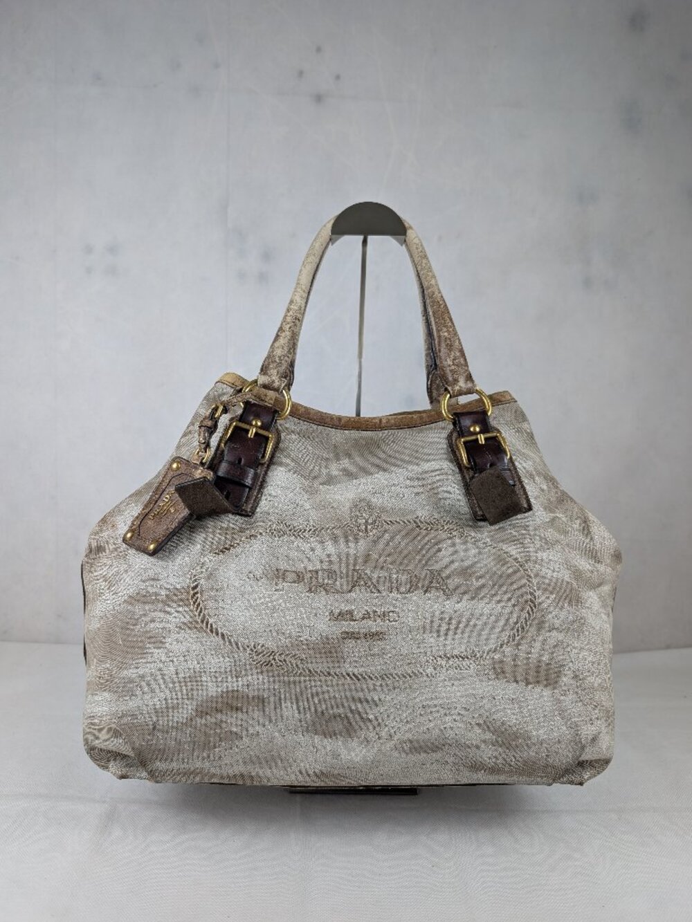 Pre-owned Prada Jacquard Canvas and Leather Tote bag Gray Made in Italy.